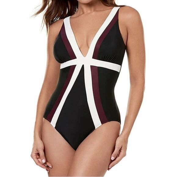 NWT Miraclesuit SHIRAZ Size 8 Spectra Trilogy One-Piece Swimsuit Slimming V Neck - Picture 1 of 7